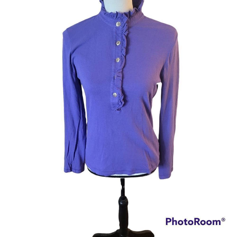 Tory Burch Half Button Up Top with Ruffled Neckline. Size M.